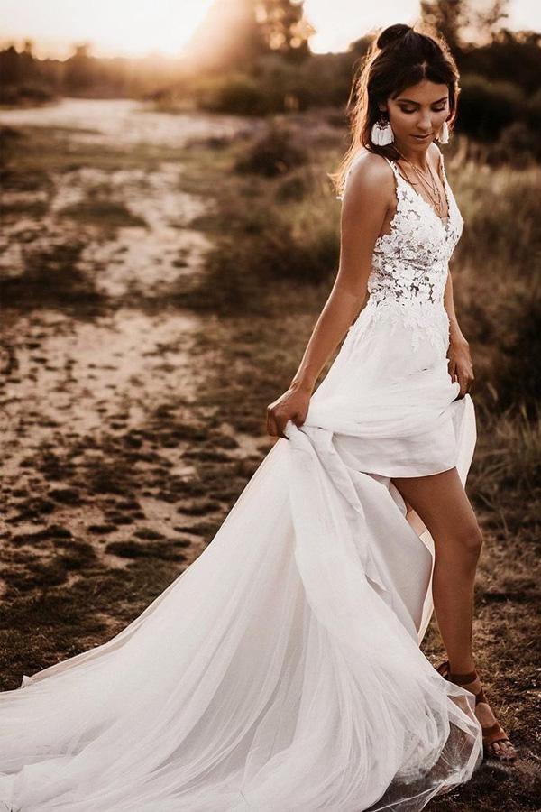 Sexy Ivory Lace with Nude Tulle Sheer Wedding Dress - Promfy