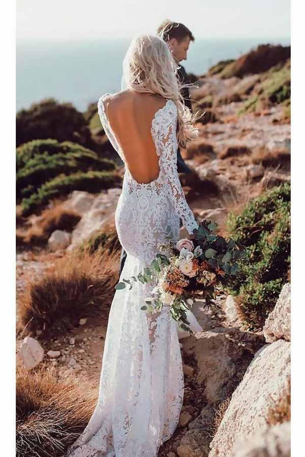 Long Sleeve Country Wedding Dresses Backless Beach Wedding Dresses