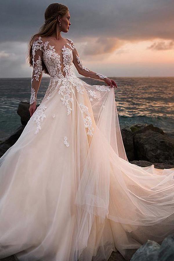 Long sleeve see through lace deals wedding dress