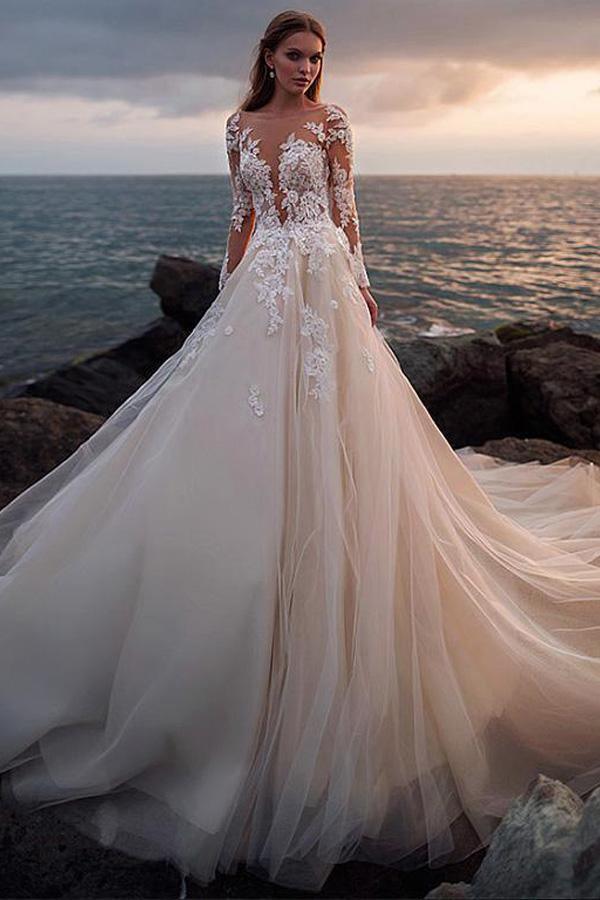 Illusion Neckline Lace Mermaid Long Wedding Dresses – Pgmdress