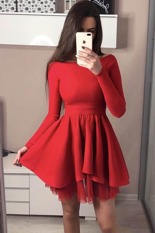 Long Sleeve Homecoming Dresses Off the Shoulder Short Red Prom Dress ...