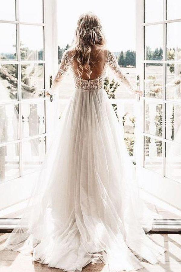 Products Elegant Flowy Long Sleeves Backless Romantic Long Beach Wedding  Dresses