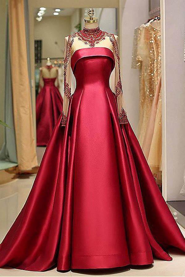 Deep V Neck Long Sleeves Burgundy Floor-Length Prom/Evening Dress – Pgmdress