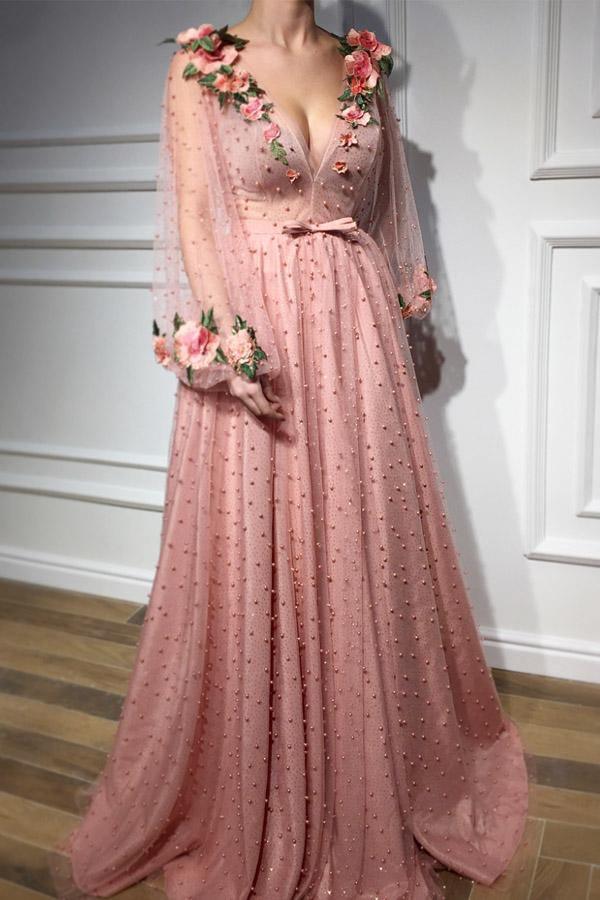 Long V-Neck 3D Floral Ball Gown | David's Bridal