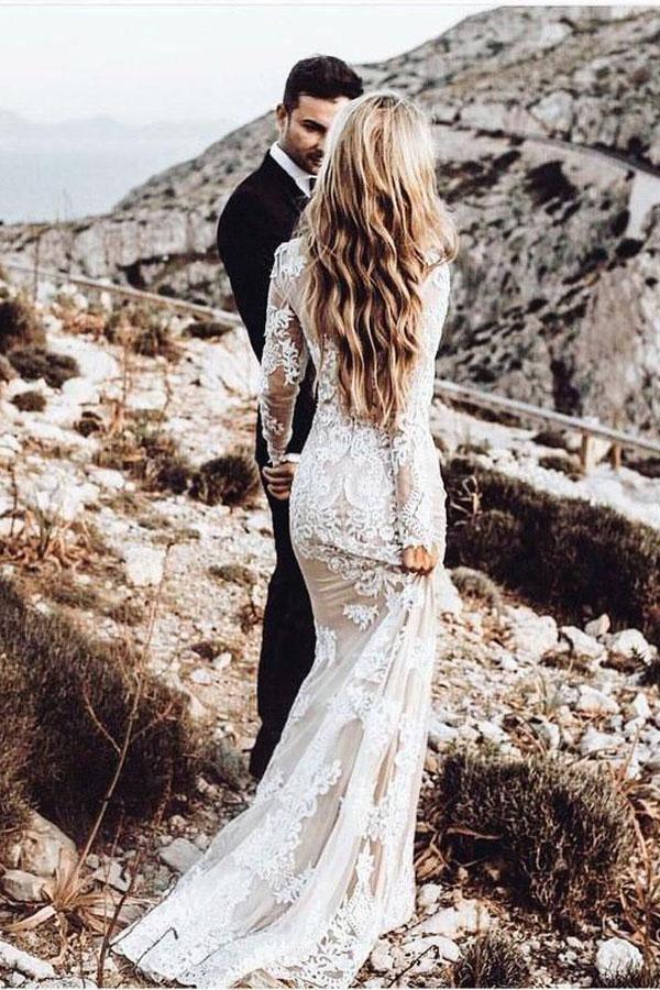 Lace Rustic Wedding Dresses Long Sleeve Mermaid Wedding Dress