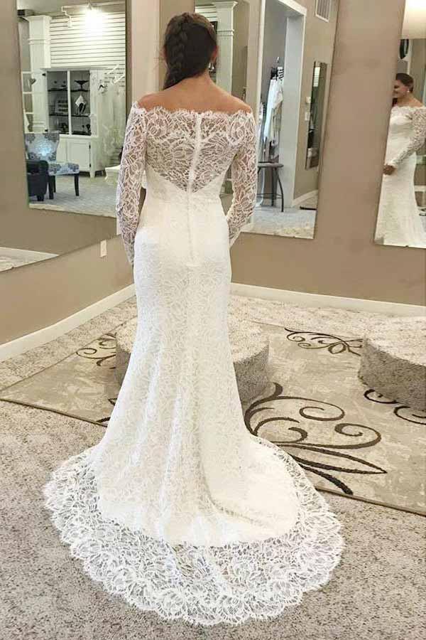 pgmdress Mermaid Ivory Lace Sweep/Brush Train Scoop Long Sleeve Wedding Dress US4 / Custom Color