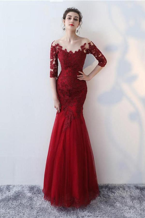 Chic Burgundy Off Shoulder Floor Length Satin Lace Prom Dresses – Pgmdress