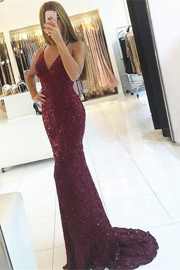 Lace Burgundy Spaghetti Straps V-neck Mermaid Prom Dresses Train,MP625 –  Musebridals