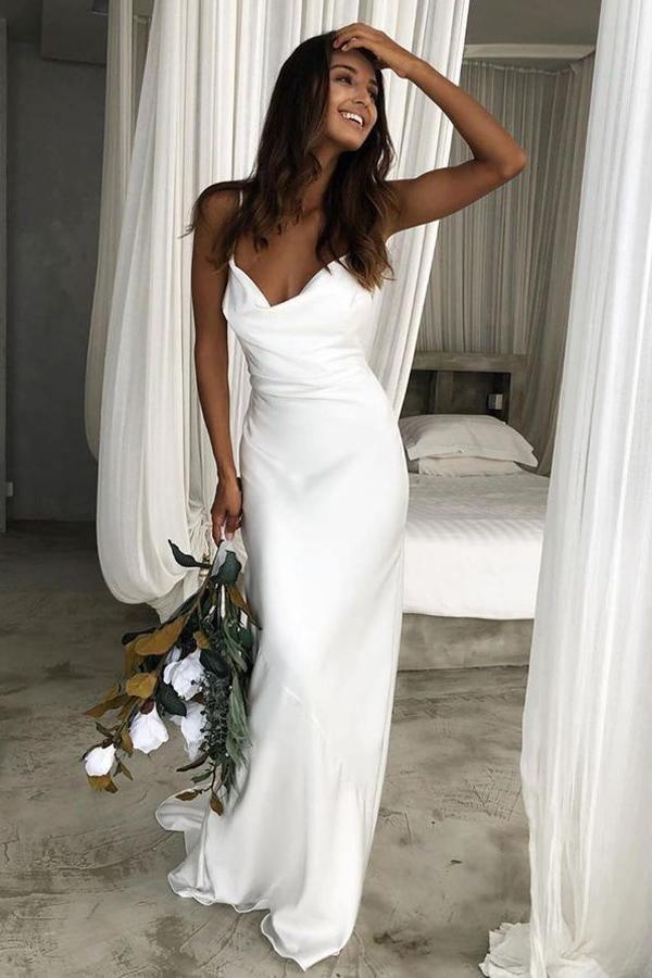 Mermaid Spaghetti Straps Backless Court Train White Wedding Dress WD450
