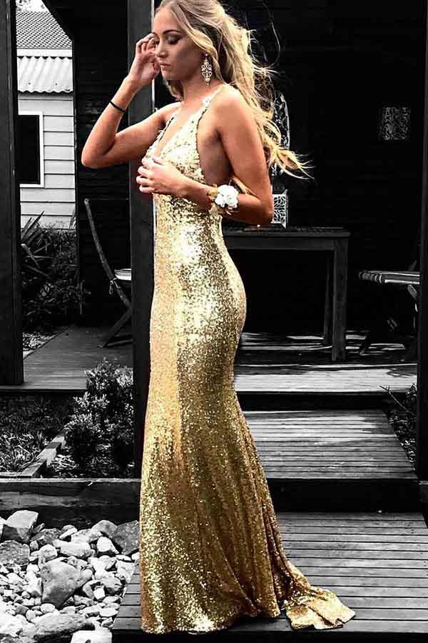 Mermaid V-Neck Backless Gold Sequined Prom Dress with Appliques – Pgmdress
