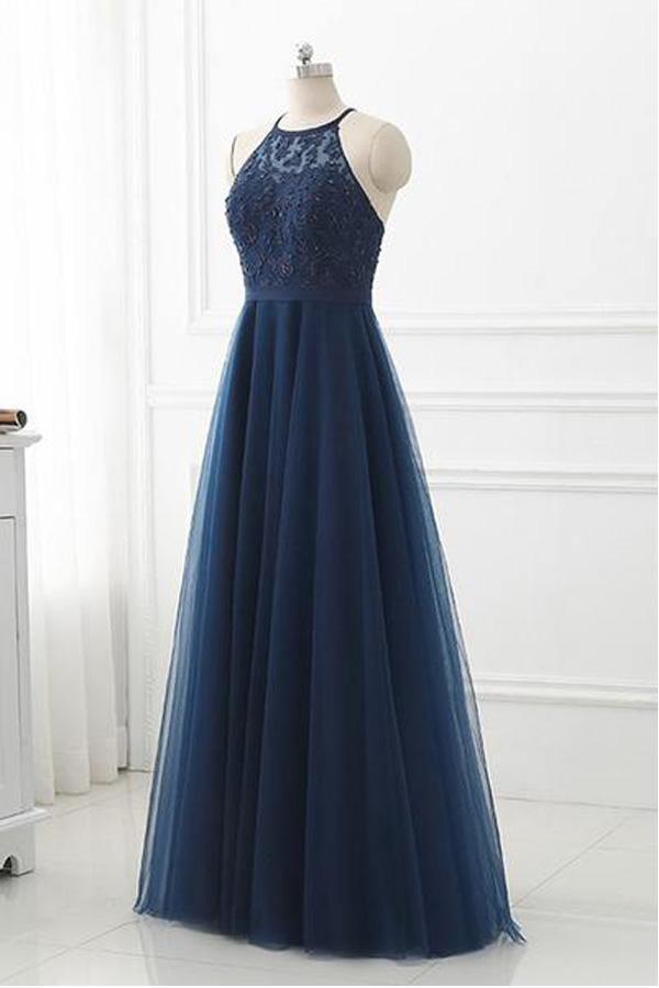 Halter Rhinestones Navy Blue Ball Gown Evening Dress Prom Dresses –  Laurafashionshop