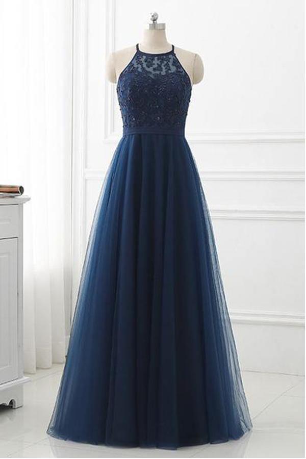 Navy Blue Lace High Neck Tulle Long Prom Dress Evening Dresses – Pgmdress