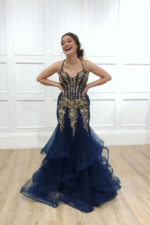 Gold Beads Royal Blue Chiffon Prom Dresses Evening Party Dress –  Laurafashionshop
