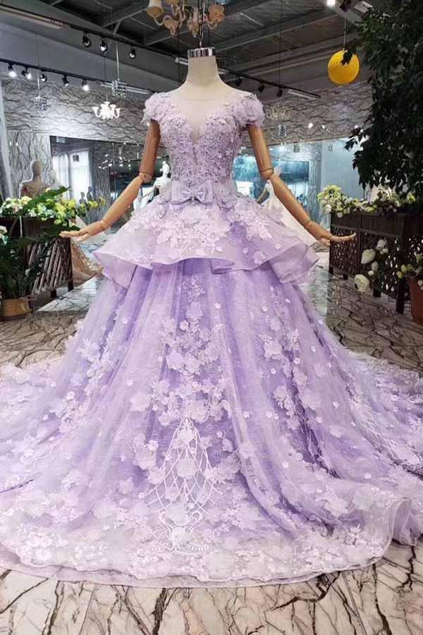Floral Lace Lavender Prom Dresses with Strappy Back – loveangeldress