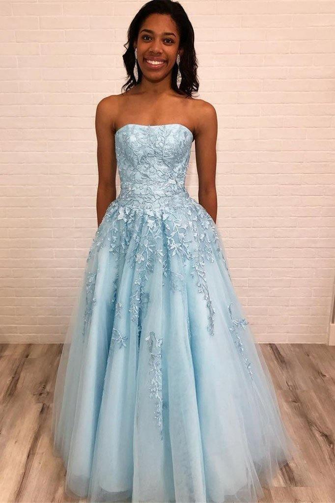 New Style Light Blue Strapless Long Prom Dress with Lace Appliques
