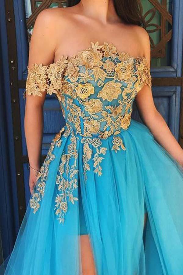 shopluu A-Line Tulle Gold/Blue Long Prom Dress, Blue Formal Evening Dress US 16 / Gold/Blue