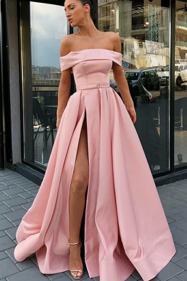 Off the Shoulder A-Line Sweep Train Split Front Pink Prom Dress with Belt –  Pgmdress