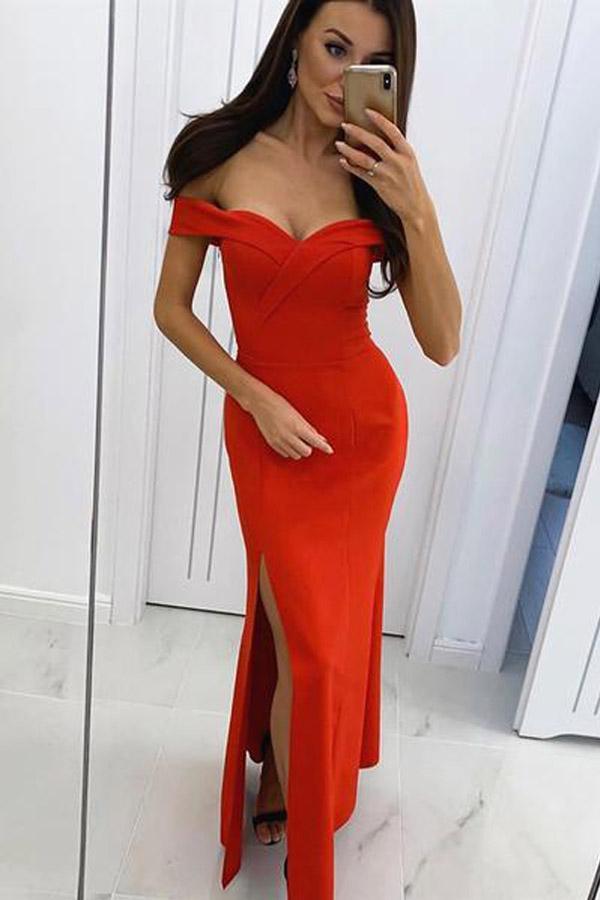 Off the Shoulder Burgundy Satin Long Prom Dresses With Slit – Pgmdress