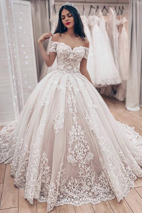 Amazon.com: JERETIY Off Shoulder Wedding Dresses for Bride Sleeveless  Floral Lace Applique Bridal Wedding Dress Ivory : Clothing, Shoes & Jewelry