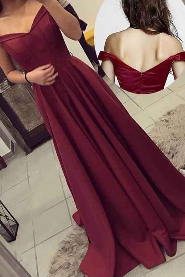 Chic Burgundy Off Shoulder Floor Length Satin Lace Prom Dresses – Pgmdress