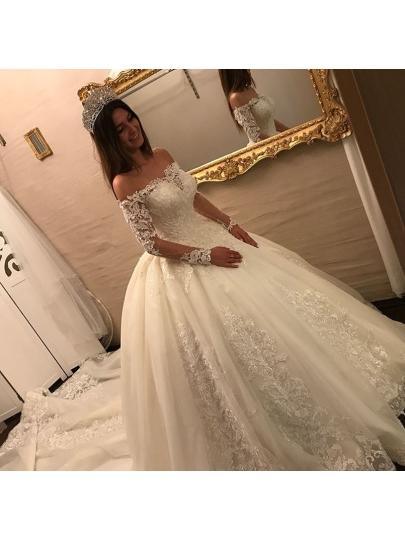 Long Sleeves Tulle Wedding Dresses Bridal Gowns With Lace Applique