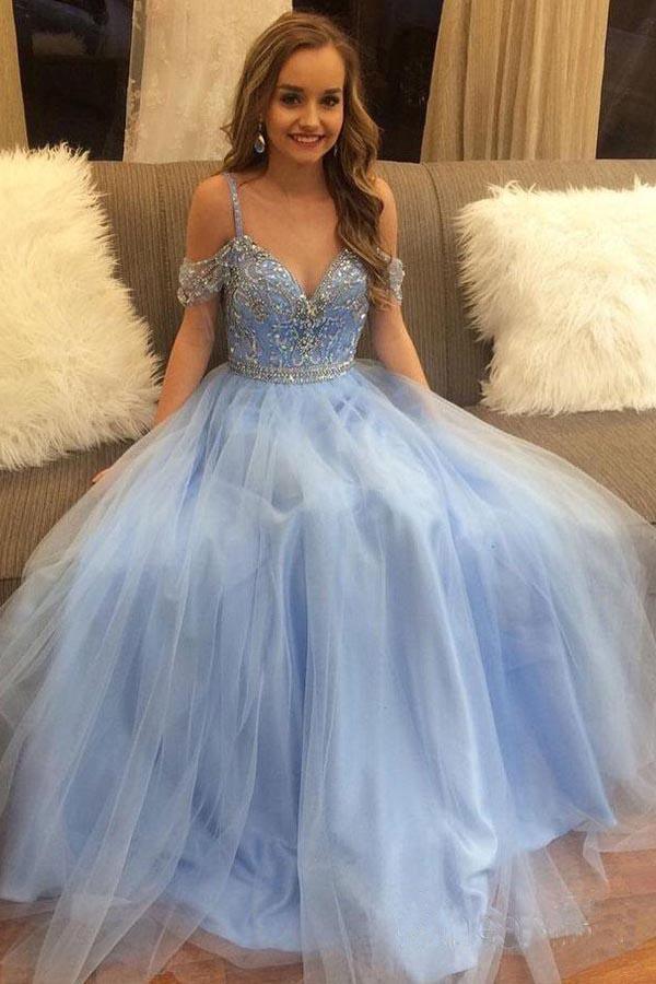 Royal Blue Tulle A-line Off Shoulder Long Prom Dress SP916