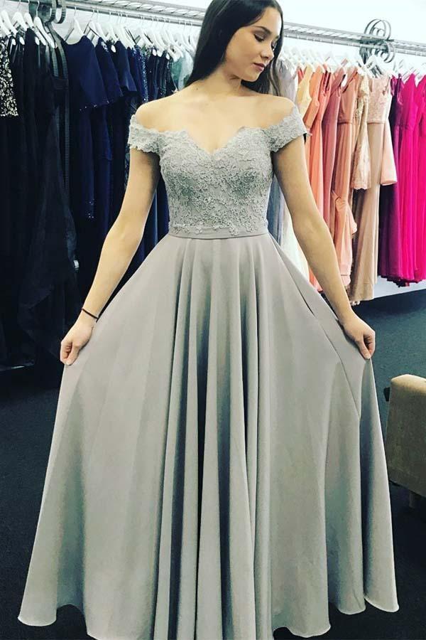 Off-the-Shoulder Sweep Train Grey Chiffon Prom Dress with Appliques ...