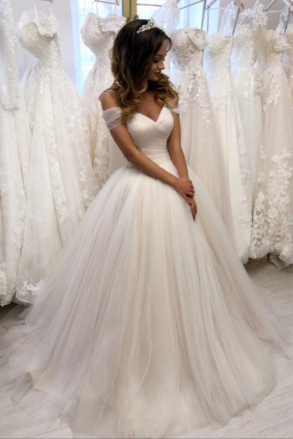 Simple White Off Shoulder Tulle Long Prom Dress, White Formal Dresses