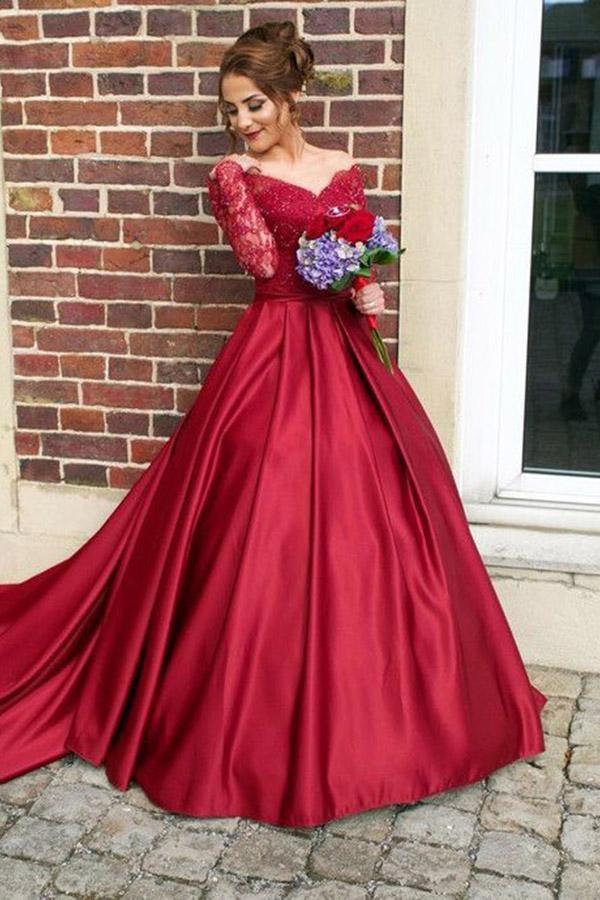 Off Shoulder Red Lace Long Prom Dress, Off the Shoulder Red Formal Dre –  abcprom