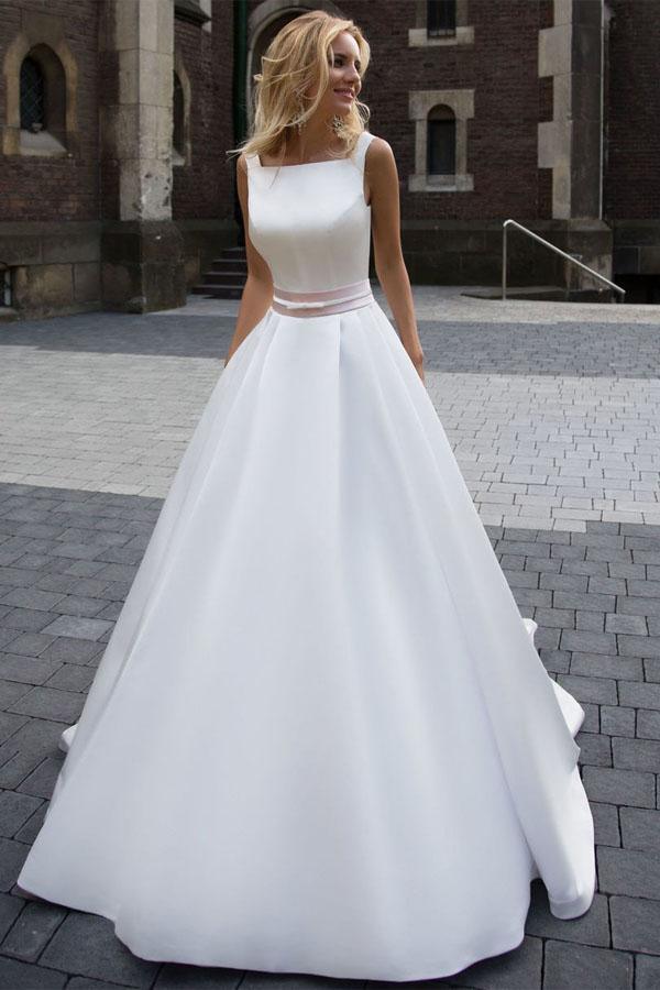 Off Shoulder Wedding Dresses A Line Simple Satin Lace Up Bridal Gown White  Ivory | eBay