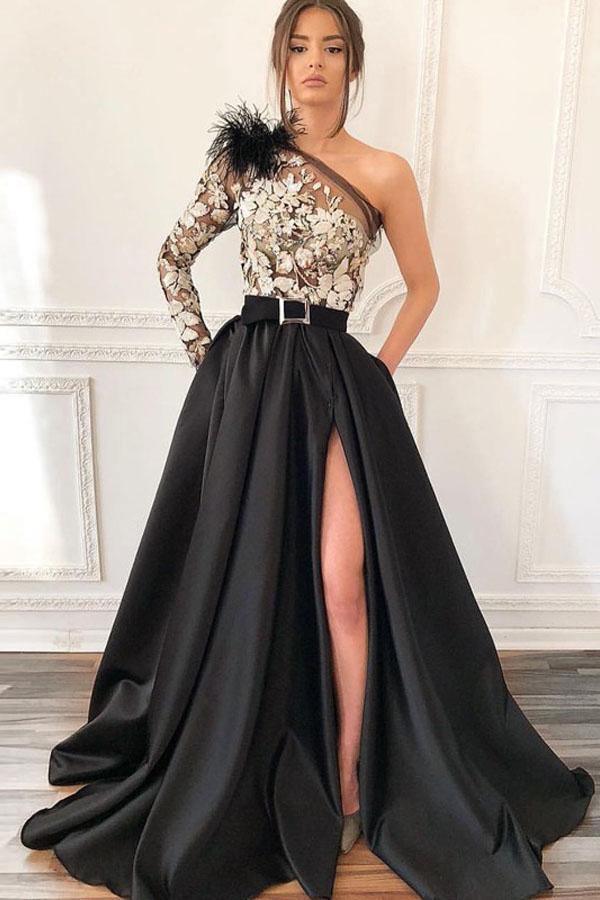 A-Line V-Neck Black Long Prom Dress Split Evening Dress With