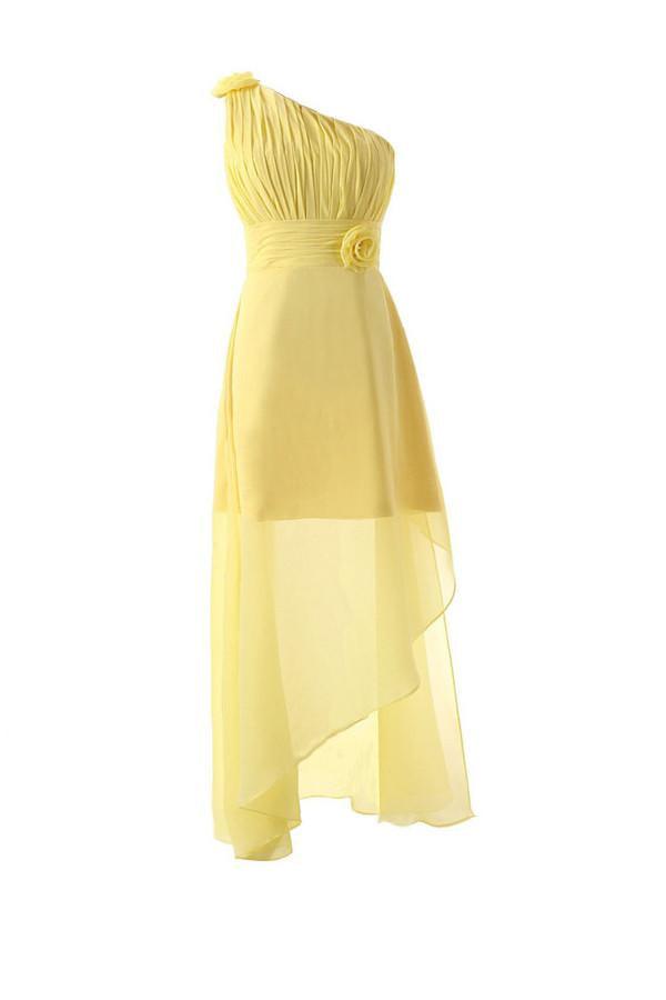 One Shoulder Floor Length Chiffon Yellow Bridesmaid Dress With Flower ...