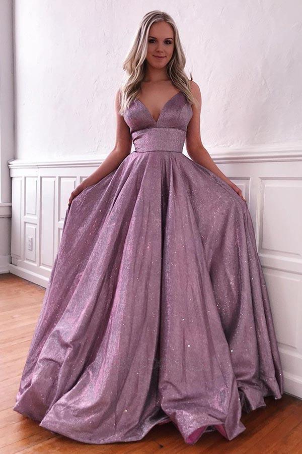 Vampal Purple Prom Dresses Gown Beaded Crystal Long V Neck Spaghetti Strap EV