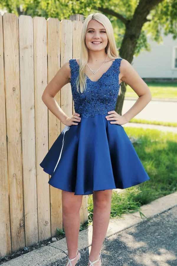 Royal Blue Lace Applique Homecoming Dresses Backless Short Prom Dress PD231