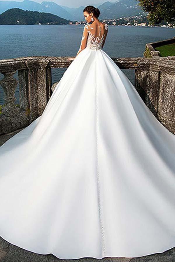 Satin Bateau Neckline A Line Wedding Dresses With Lace Appliques Pgmdress 