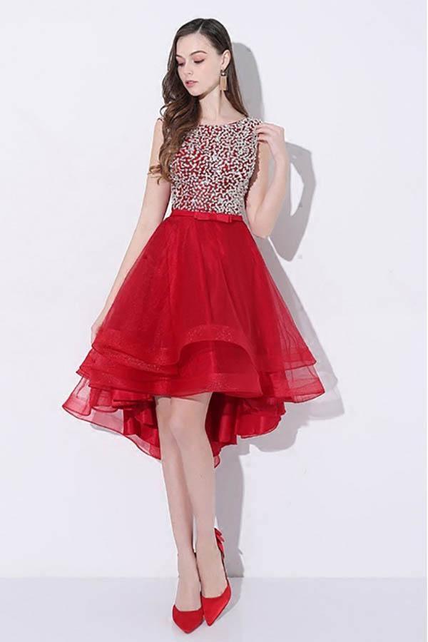 Paillettes rouge haut bas robe de soirée de bal avec dos ouvert – Pgmdress