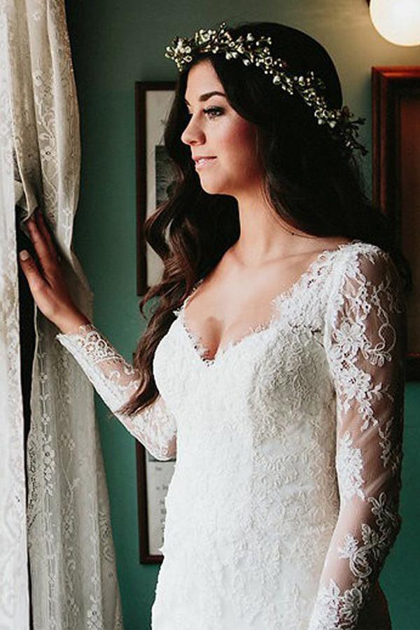 Lace Backless A-Line Long Sleeves Wedding Dresses, MW552