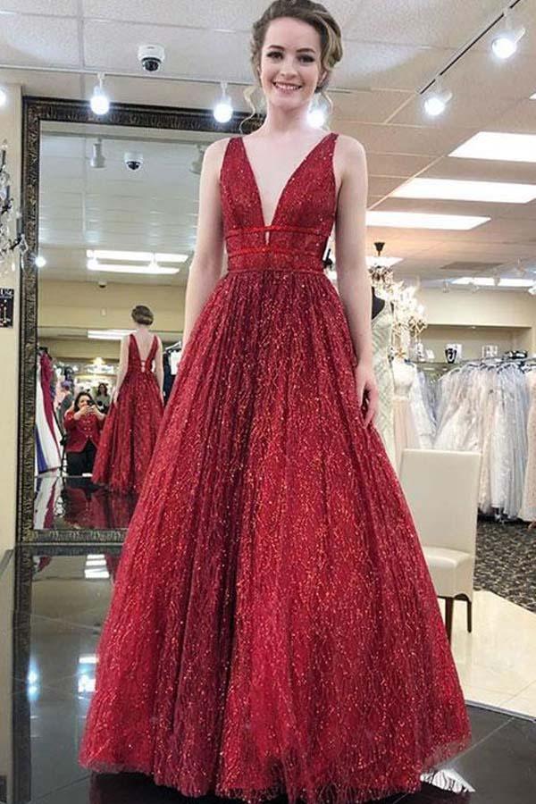 Chic V-neck Prom Dress In Bling Burgundy Red Tulle with Straps - $145.992  #V78017 