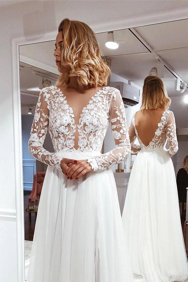 Beautiful Lace Plus Size A-line Long Sleeves Wedding Dress, Bridal Gown,  MW538