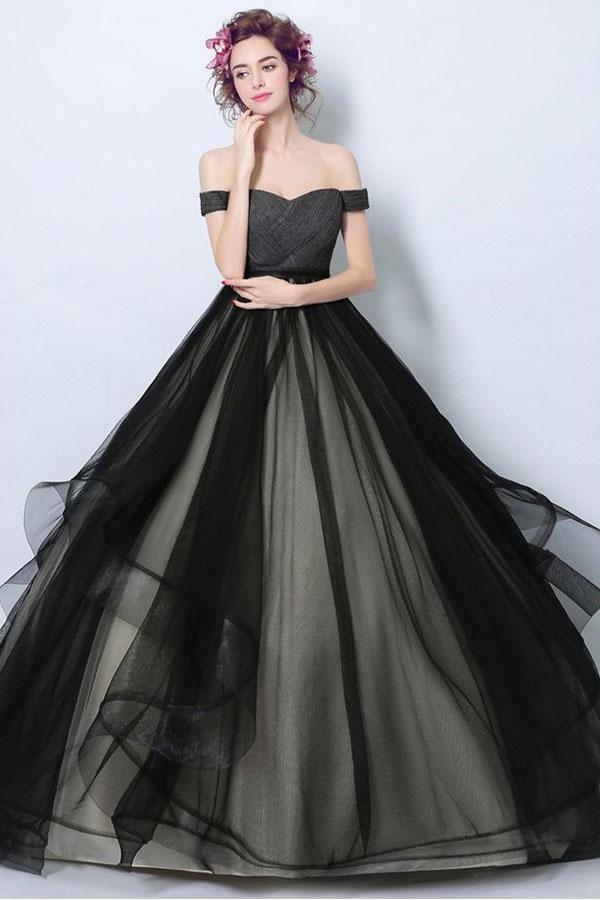 Simple Black Spaghetti Straps Lace Evening Gowns A Line Tulle Long Pro