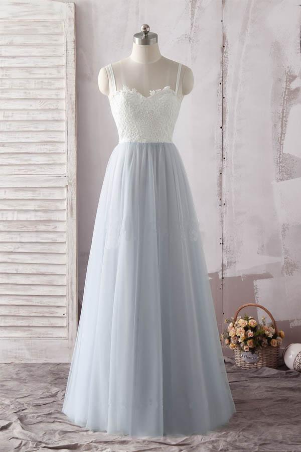 A-line Navy Blue Tulle Lace Long Prom Dress Evening Dress – Pgmdress