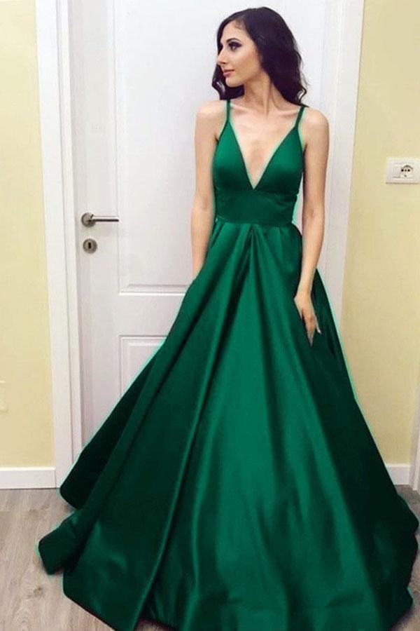 Simple V-Neck Floor-Length Satin Prom Dress with Pockets – Pgmdress