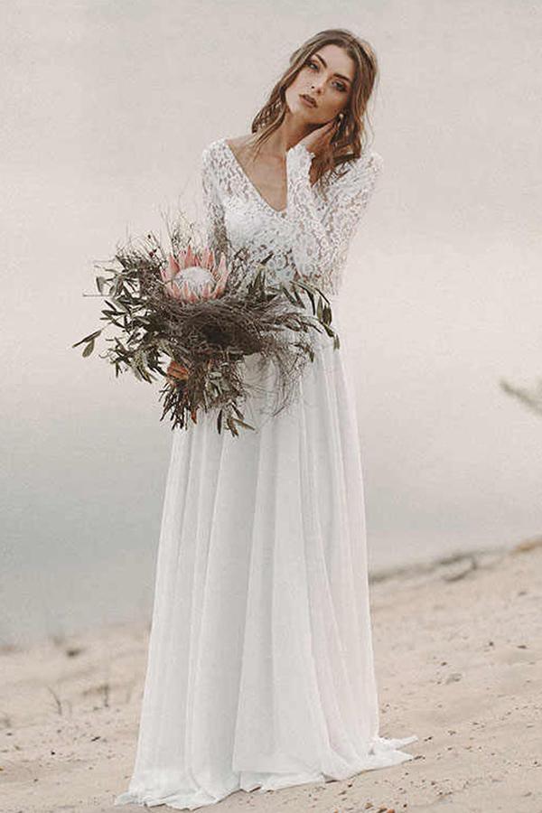 Beach Wedding Dress Applique Lace Backless Long Sleeve A Line Bridal Gown  Custom