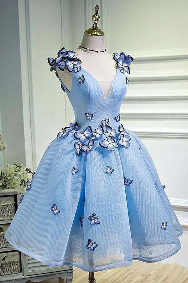 Blue Appliques Beaded Sleeveless A Line Tulle Short Homecoming Dresses PD255