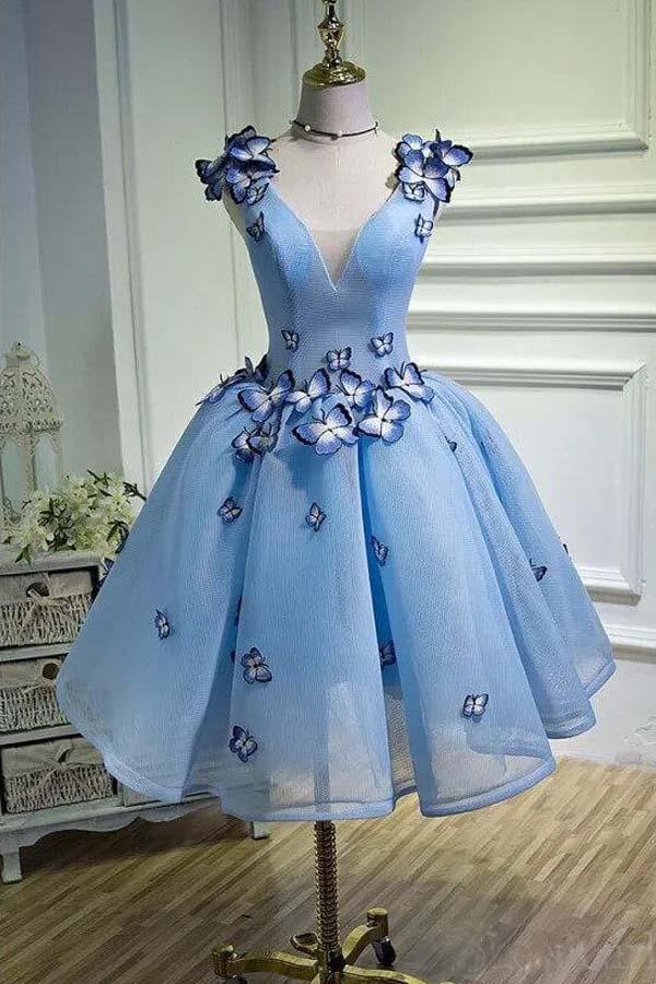 Blue Appliques Beaded Sleeveless A Line Tulle Short Homecoming Dresses PD255