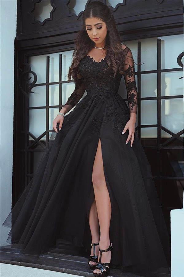 pgmdress Slit Glamorous Lace Black Long-Sleeve Evening Dress Prom Dress US16 / As Picture