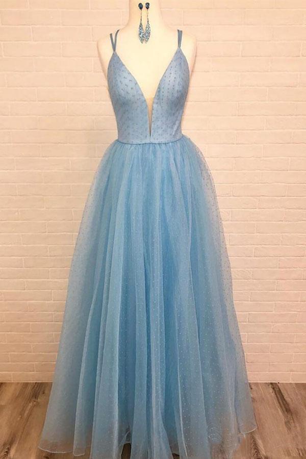 Light Blue Starry Lace Prom Dresses Spaghetti Strap FD2555 - Light Blue /  Custom Size