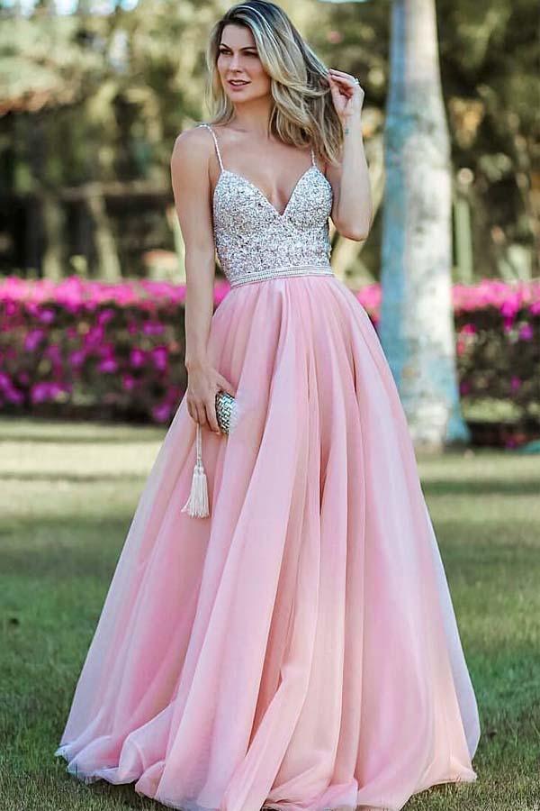 Spaghetti Straps Backless Beading Pink Long Prom/Evening Dress – Pgmdress