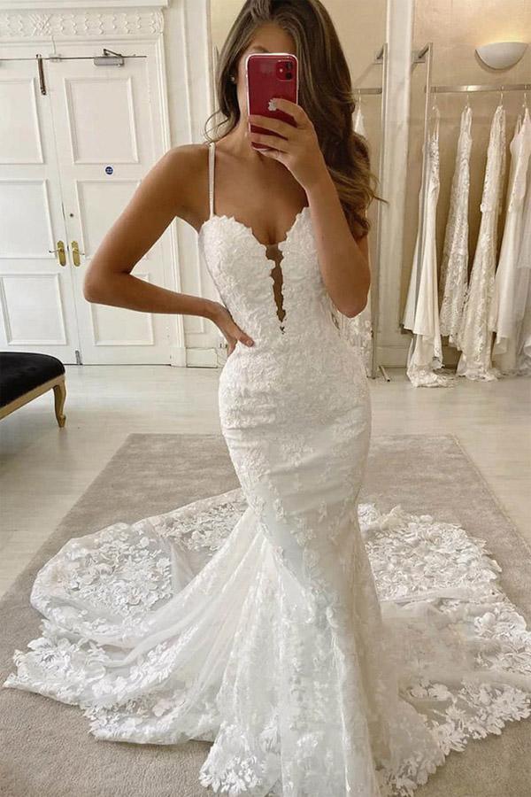 Mermaid Deep V Neck White Lace Wedding Dress with Sweep Train