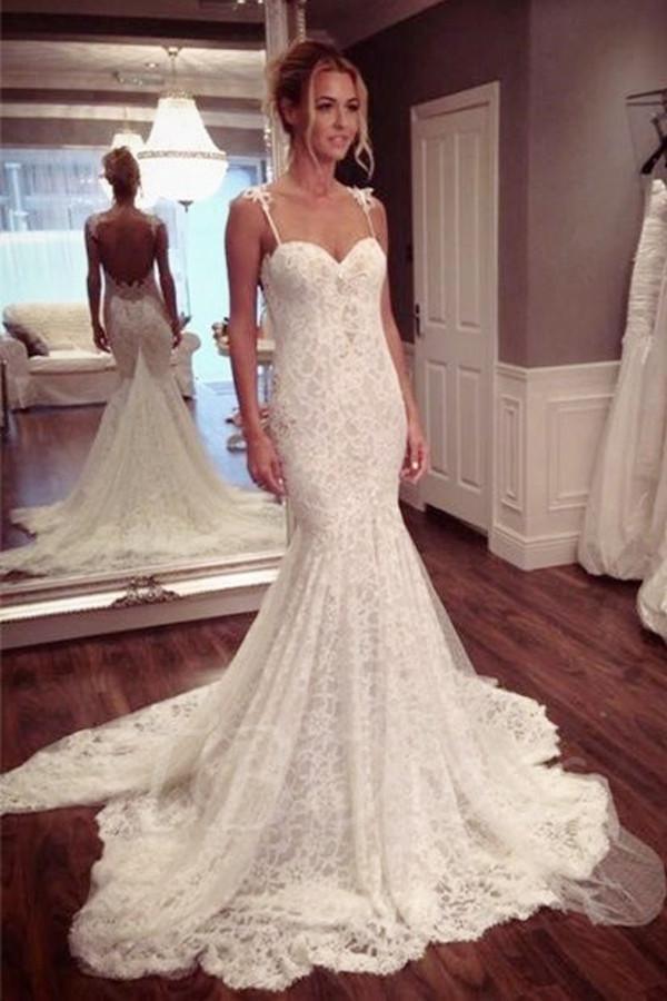 Mermaid Spaghetti Straps Open Backless Wedding Dress Lace Bridal Dress –  SELINADRESS